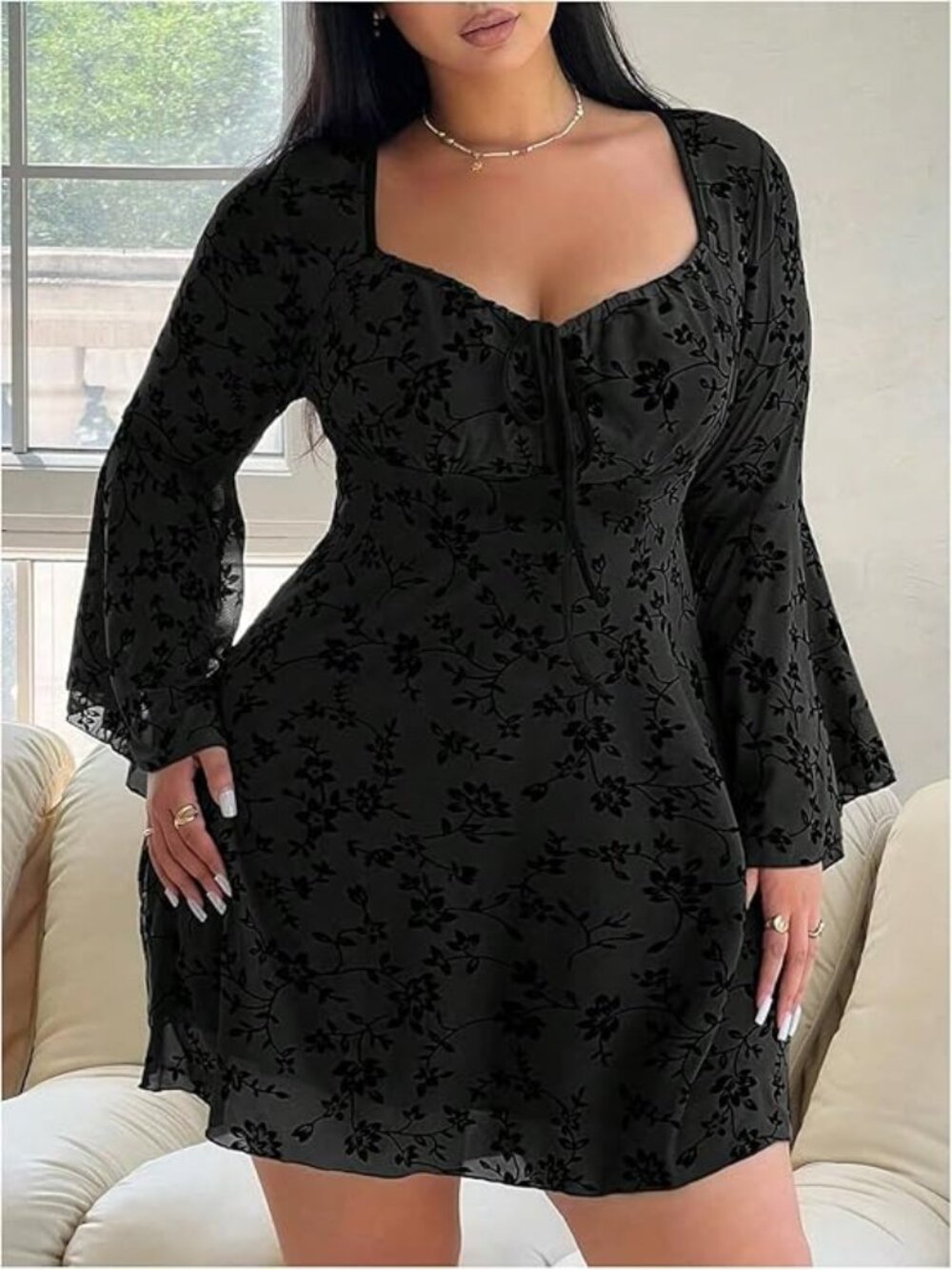 Women's Plus Size Goth Dress Long Bell Sleeve Bow Tie Dresses Vintage Floral Fal